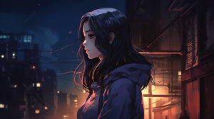 pngtree anime girl looking in the night with dark hair sitting on image 2902579