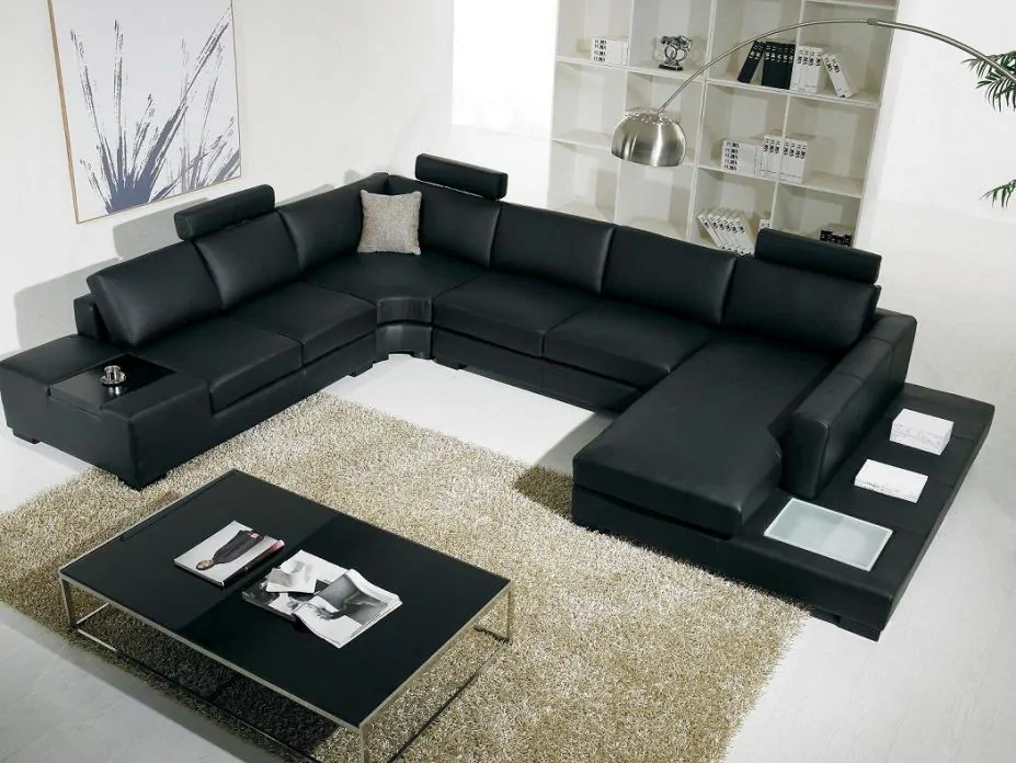 black and white interior design black sofa set with foam seats and coffee tables squared black tables with steels legs cream colored flokati area rug white painted floor modular square book shelves ga
